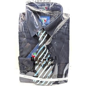 BUCHELI Men's Dress Cotton Blend NAVY BLUE Shirt M 15.5" Matching Black Tie Set